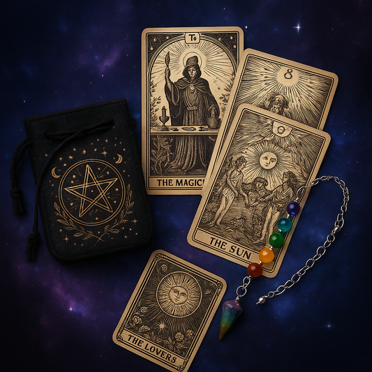 💫 Combo "Iniciación Esencial" – Tarot, Estuche y Pulsera Péndulo. + Regalo 🎁 1 manto para tiradas 70x70cm temático a elección